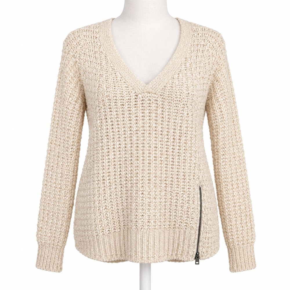Anthropologie Alpaca Wool Textured Knit Sweater Size S Cream Side Zip Comfort